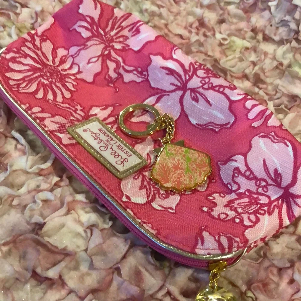 Lilly Pulitzer Keychain Pink Floral Gold Tone and pink cosmetic bag